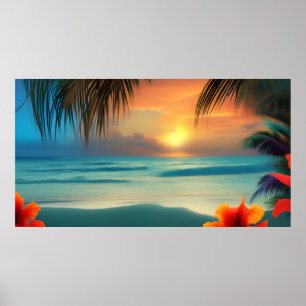 Poster Hibiscus rouges tropicaux Fleurs Plage océan palmi