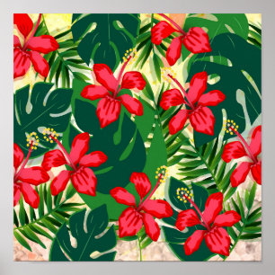 Poster Hibiscus tropical coloré rouge et vert