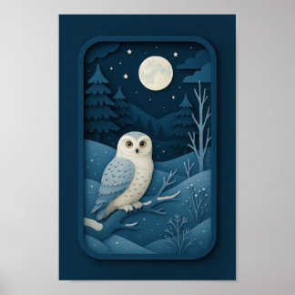 Poster Hibou au clair de lune dans une forêt enneigée