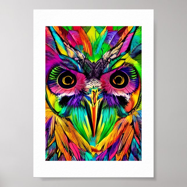 Poster Hibou avec des plumes colorées Art IA ironique (Devant)