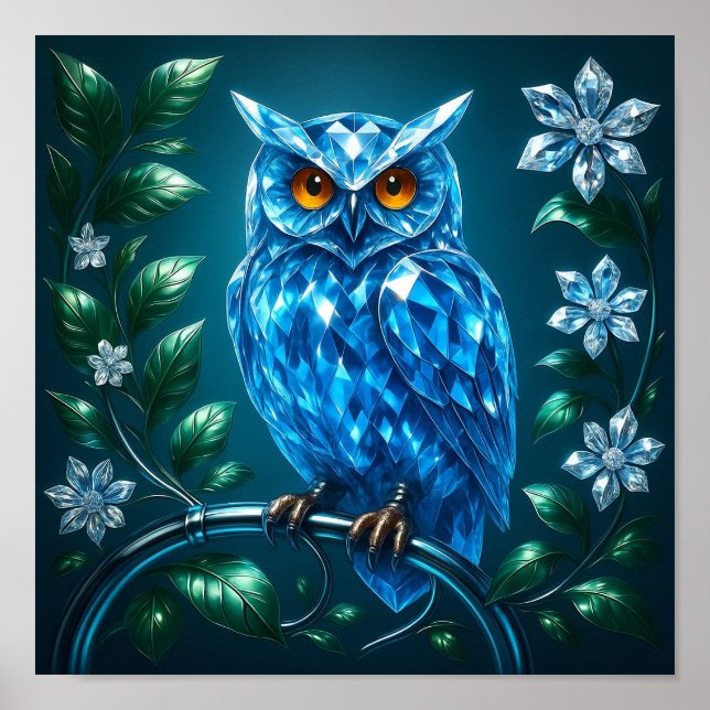 Poster Hibou Bleu Brillantsur Branche de Laiton (Devant)