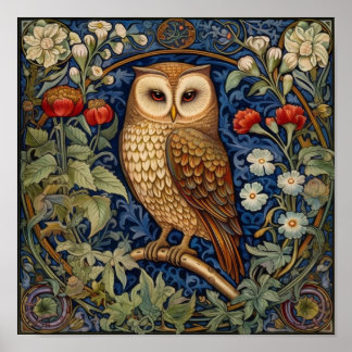 Poster Hibou dans le jardin style William Morris