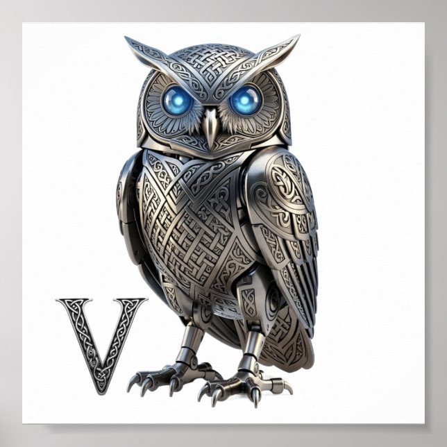 Poster Hibou mécanique celtique argent Steampunk (Devant)