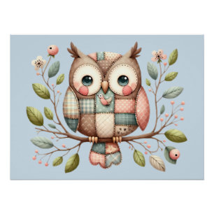 Poster Hibou Patchwork dans Paysage Féerique de la Forêt