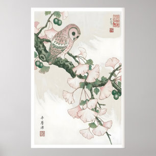 Poster Hibou sur l'art mural Ginkgo - Botanique vintage c
