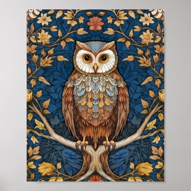 Poster Hibou sur une branche bleu automne arrière - plan  (Devant)