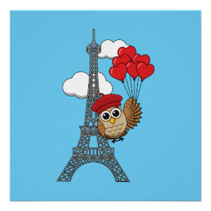Poster Hibou volant avec des ballons de coeur à Paris