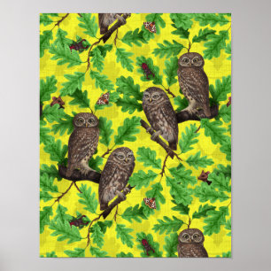 Poster Hiboux dans la forêt sur fond jaune citron