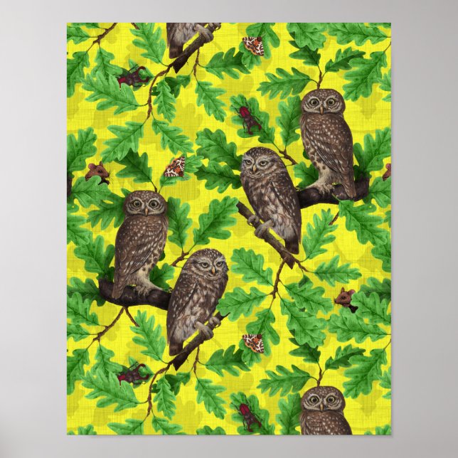Poster Hiboux dans la forêt sur fond jaune citron (Devant)