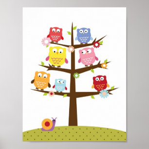 Poster Hiboux de nursery sur une œuvre d'art murale d'arb