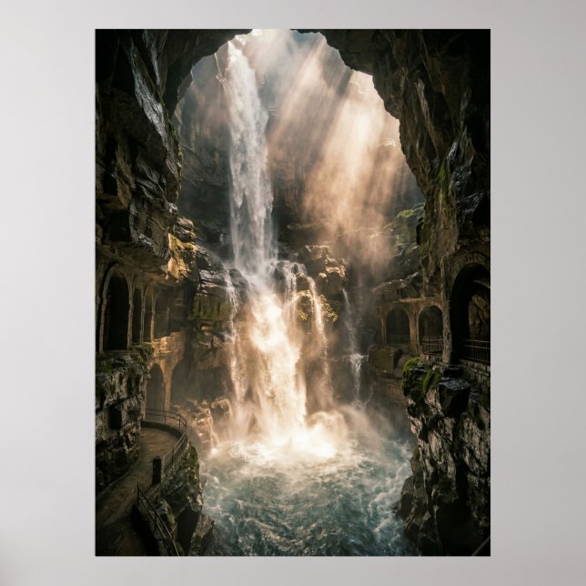 Poster Hidden Cave Waterfall Sunlight Rays (Devant)