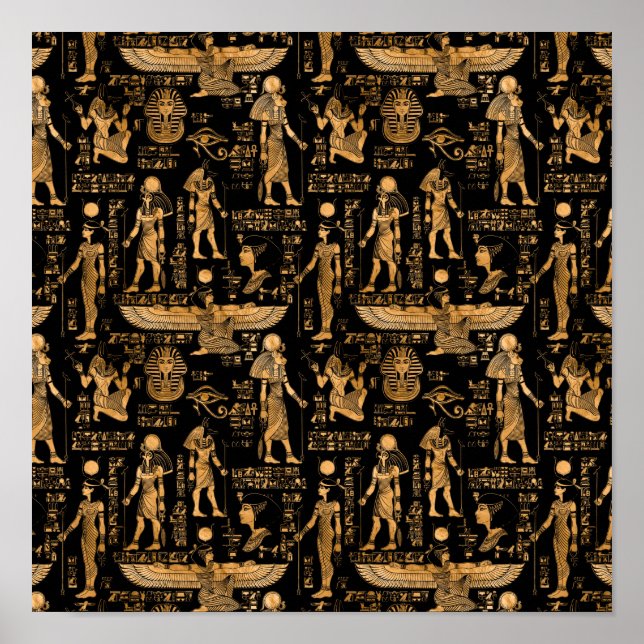 Poster Hiéroglyphes et dieux égyptiens or et noir (Devant)