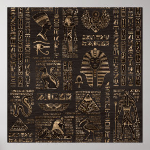 Poster Hiéroglyphes et divinités égyptiens - or sur le