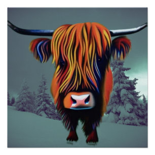 Poster Highland Cattle en arrière - plan enneigé