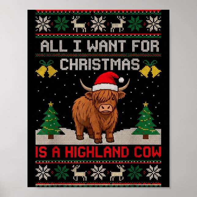 Poster Highland Cow Christmas Ugly Sweater Style Festive  (Devant)