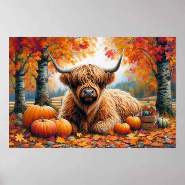 Poster Highland Cow Fall Citrouille Aquarelle (Devant)