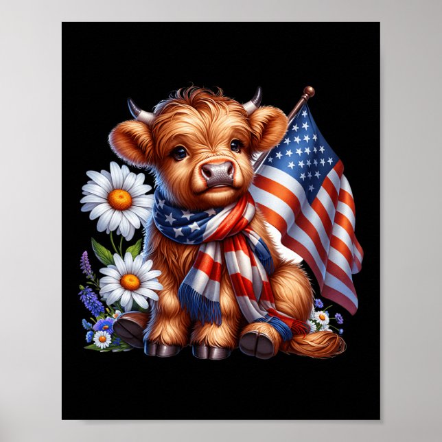 Poster Highland Cow Flores 4 Juillet Drapeau Usa Patrioti (Devant)