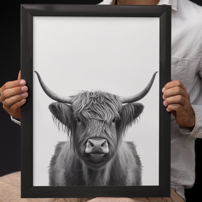 Poster Highland Cow Head Portrait noir blanc (Créateur téléchargé)