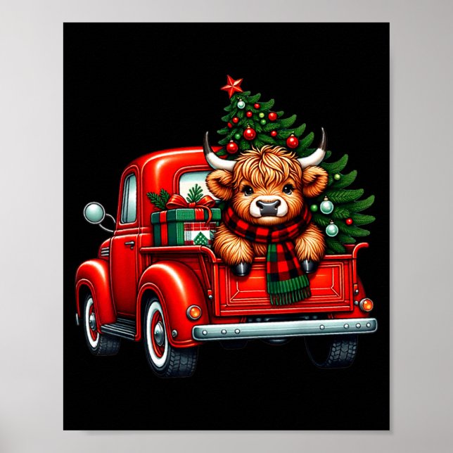 Poster Highland Cow In Truck Farm Farmer Christmas Cow Ca (Devant)