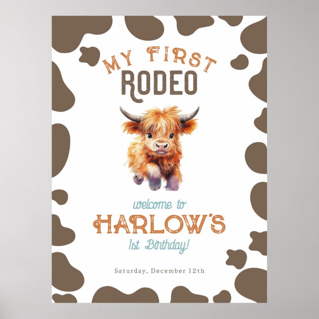 Poster Highland Cow Mon premier rodéo 1er anniversaire (Devant)