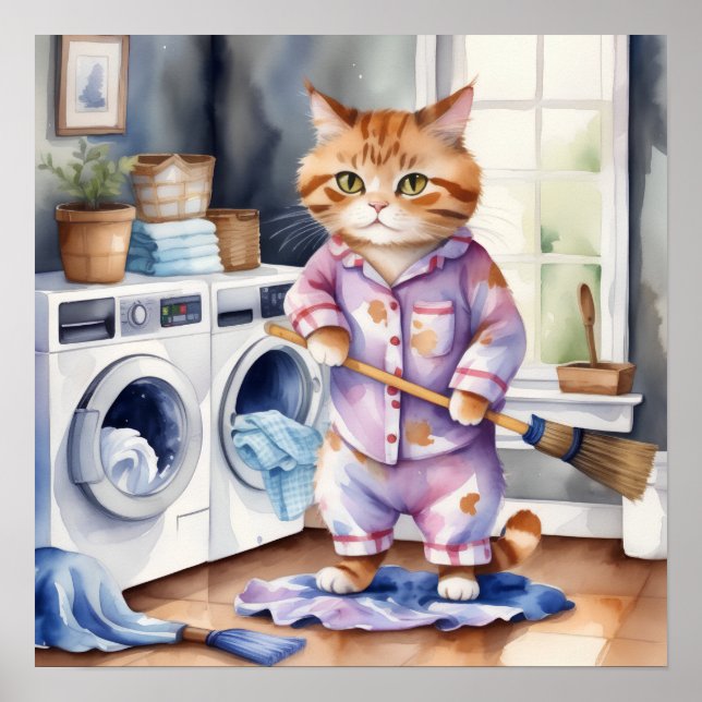 Poster Hilarious mignon chat en pyjama faisant la blanchi (Devant)