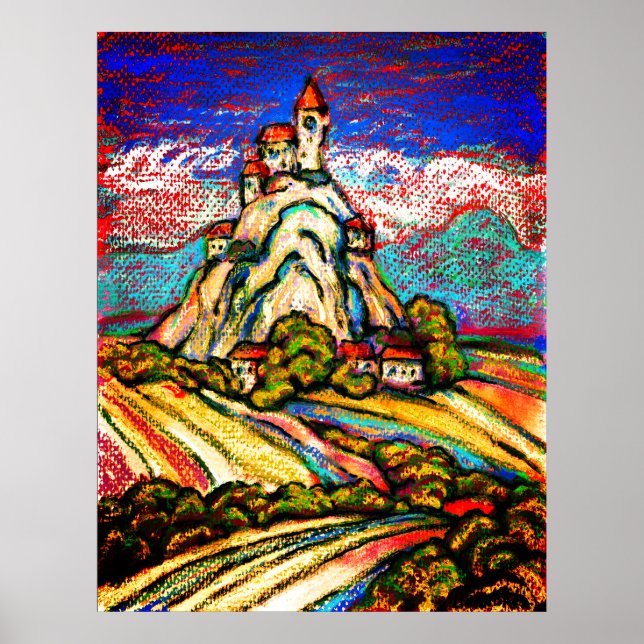 Poster Hill Castle Colorful Pastel Imaginaire (Devant)