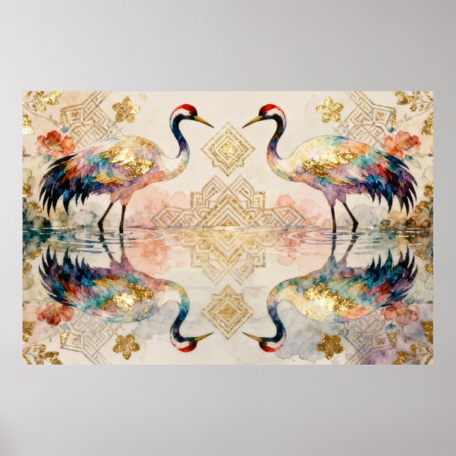 Poster Himmlische Kraniche in Harmonie - Wasserfarben  (Devant)