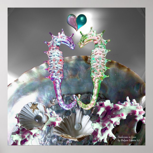 POSTER HIPOCAMPES AMOUREUX, MÈRE DE PERLE ROSE BLANC (Devant)