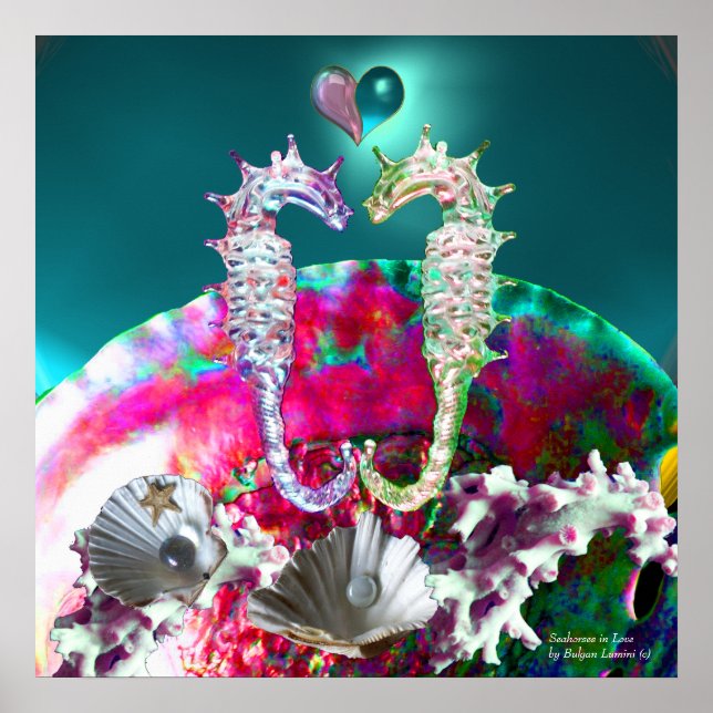 Poster HIPOCAMPES AMOUREUX, Nacre rose sarcelle bleue (Devant)