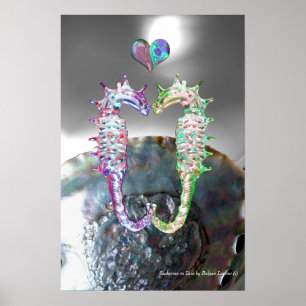 POSTER HIPOCAMPES AMOUREUX PINK FUCHSIA MÈRE DE PERLE