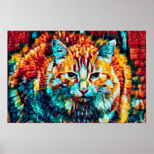Poster Hippie Tabby Cat Bleu Boho Orange