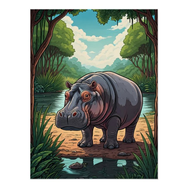 Poster Hippo by the Riverside (Devant)