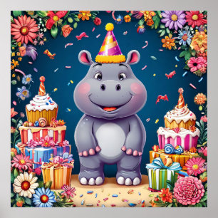 Poster Hippo d'anniversaire avec gâteau et ballons