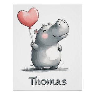 Poster Hippo mignon avec illustration de ballon cardiaque