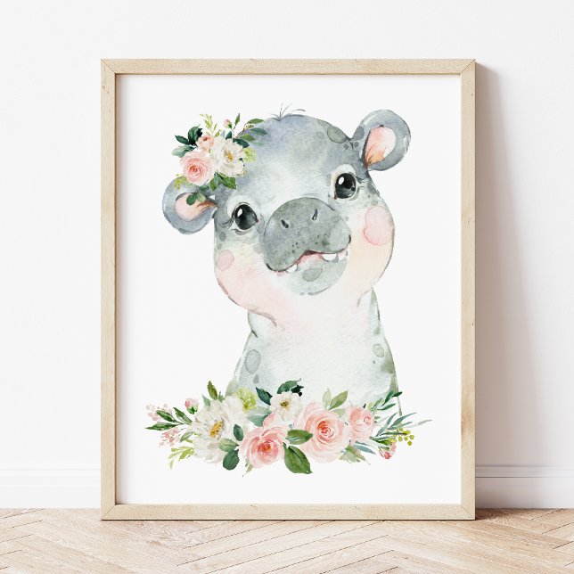 Poster Hippo, Safari, Jungle, Fleurs roses, Pépinière (Créateur téléchargé)