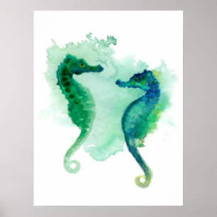 Poster Hippocampe bleu vert à baldaquin blanc
