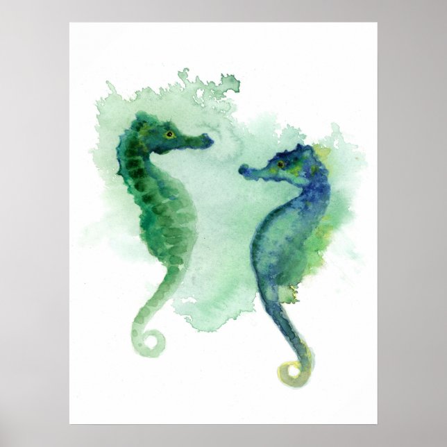 Poster Hippocampe bleu vert à baldaquin blanc (Devant)