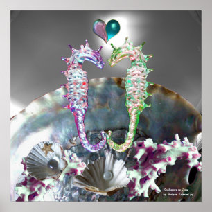 POSTER HIPPOCAMPES AMOUREUX, MÈRE DE PERLE ROSE BLANC