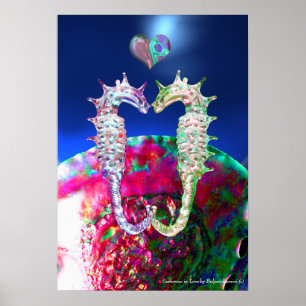 POSTER HIPPOCAMPES AMOUREUX, PERLE DE NACRE ROSE BLEU