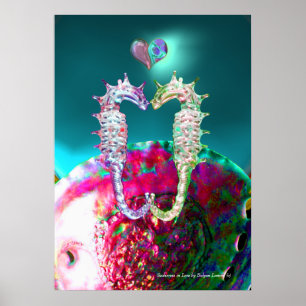 Poster HIPPOCAMPES AMOUREUX , PINK TEAL BLEU Nacre