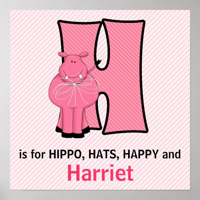 Poster Hippopotame Rose Monogramme Lettre H Chambre de Bé (Devant)