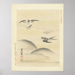 Poster hirondelles sur l'aile, peinture japonaise antique