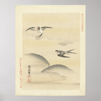 Poster hirondelles sur l'aile, peinture japonaise antique