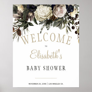 Poster Hiver blanc peonys chic baby shower signe de bienv