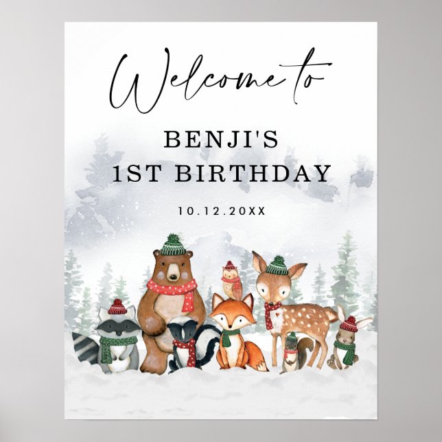 Poster Hiver Bois Animaux Fête d'anniversaire Bienvenue (Devant)
