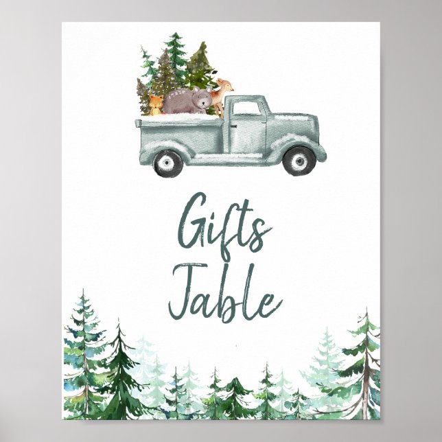 Poster Hiver Bois Animaux Pins Table des cadeaux (Devant)