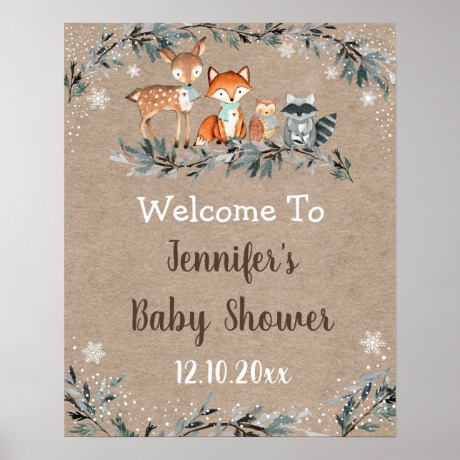 Poster Hiver Bois Baby shower vert Bienvenue (Devant)