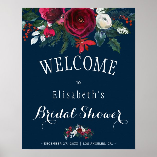 Poster Hiver Bourgogne Floral Rustic Navy Fête des mariée (Devant)