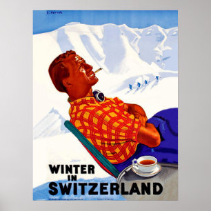 Poster Hiver en Suisse, un homme profite du soleil