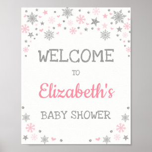 Poster Hiver Flocon de neige rose Baby shower d'argent Bi